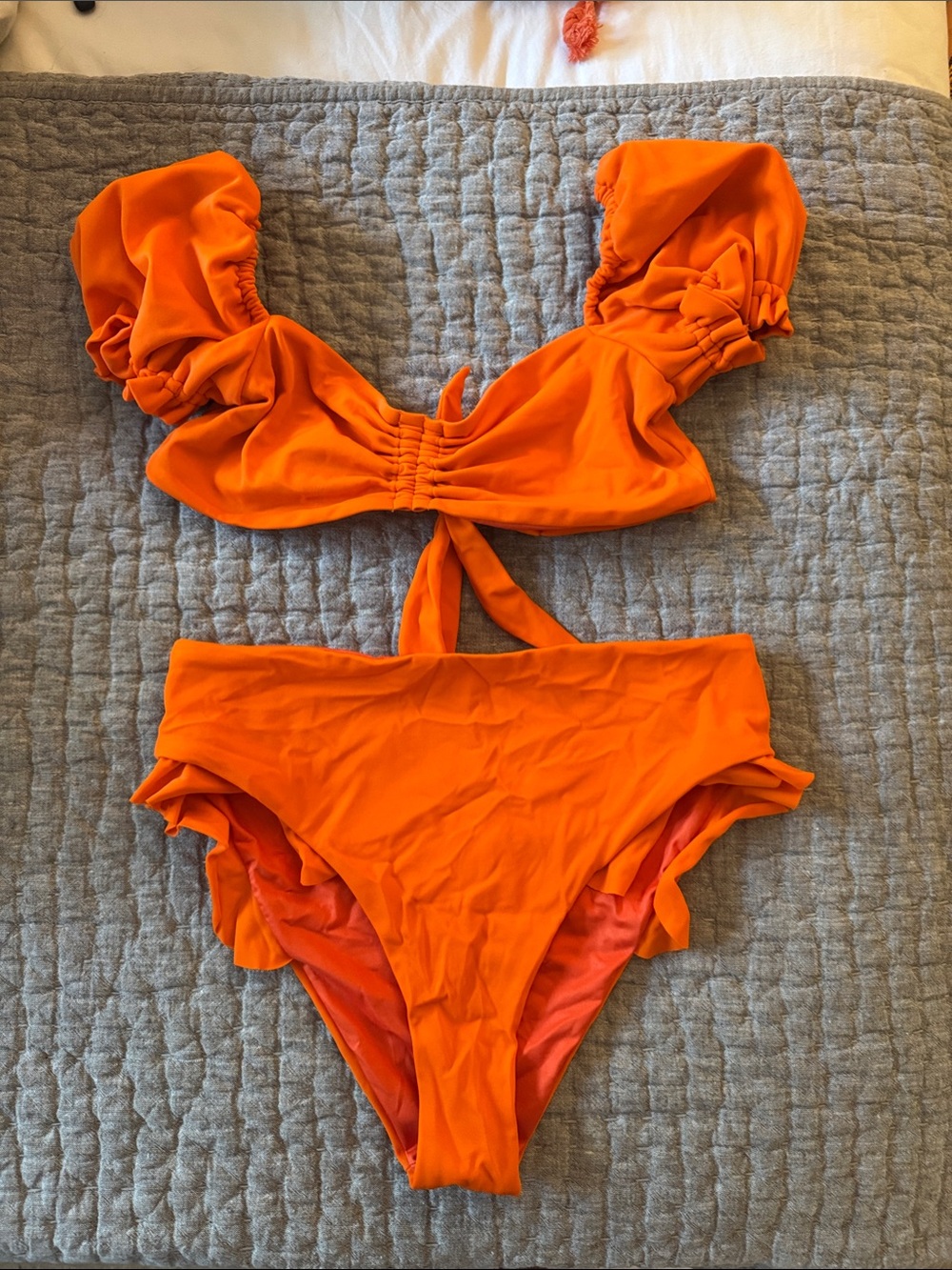 Agua Bendita Orange Ruffle-Sleeve High-Waist Bikini